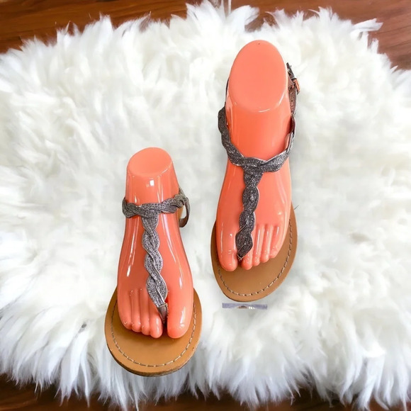 Womens Thong Sandals Silver Braided Strap Ankle Buckle Comfort Casual - Picture 5 of 12